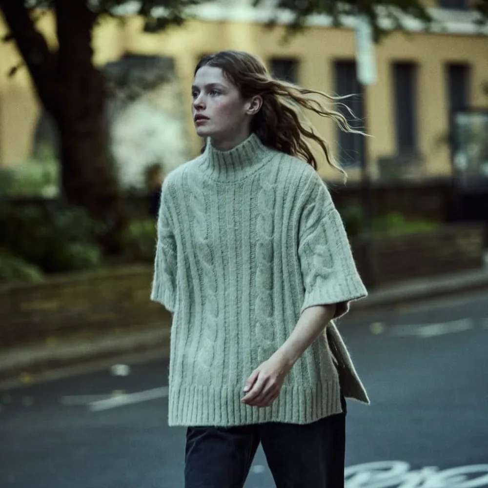 Zara Cable Knit Sweater Large Sage Green Boho Mock Neck Short Sleeve Oversized